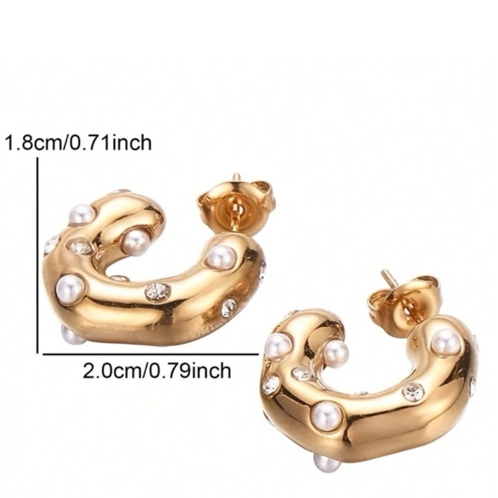 “Bella” Gold Plated Pearl and Diamond  chunky Hoops - Picture 8 of 9